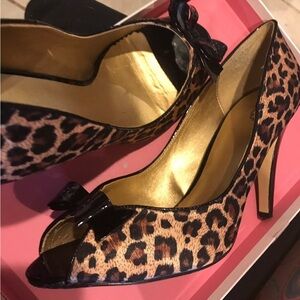 RSVP Leopard Peep-Toe Heels with Black Bow.Only signs of wear on the bottom